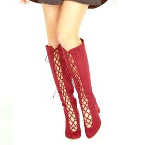 Size 9 Tall Burgundy Front Lace Up Healed Boots